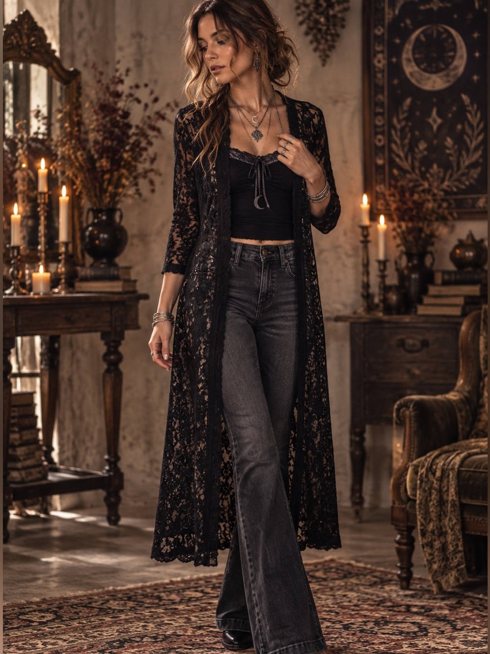 🖤 LuLaRoe Black Floral Lace Longline Duster Cardigan Size S